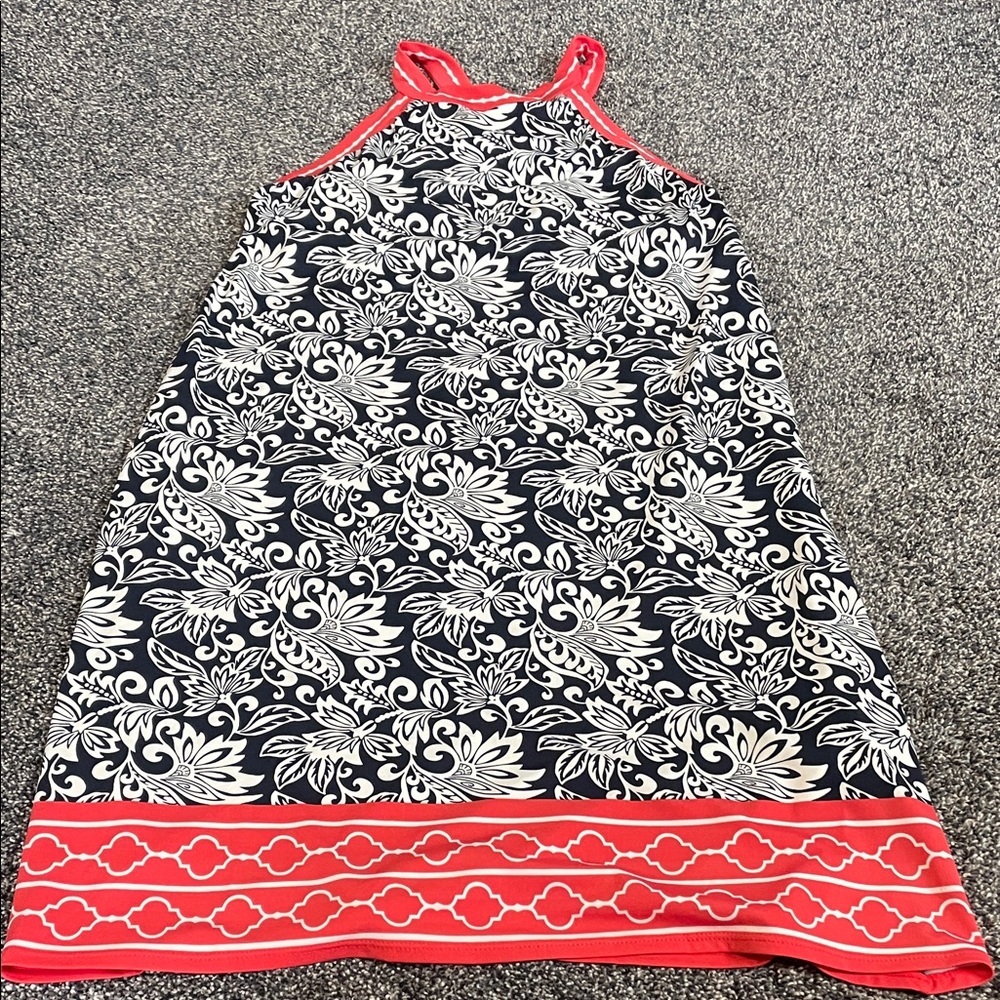 Floral Navy/White Halter Dress with Salmon Pink Detail